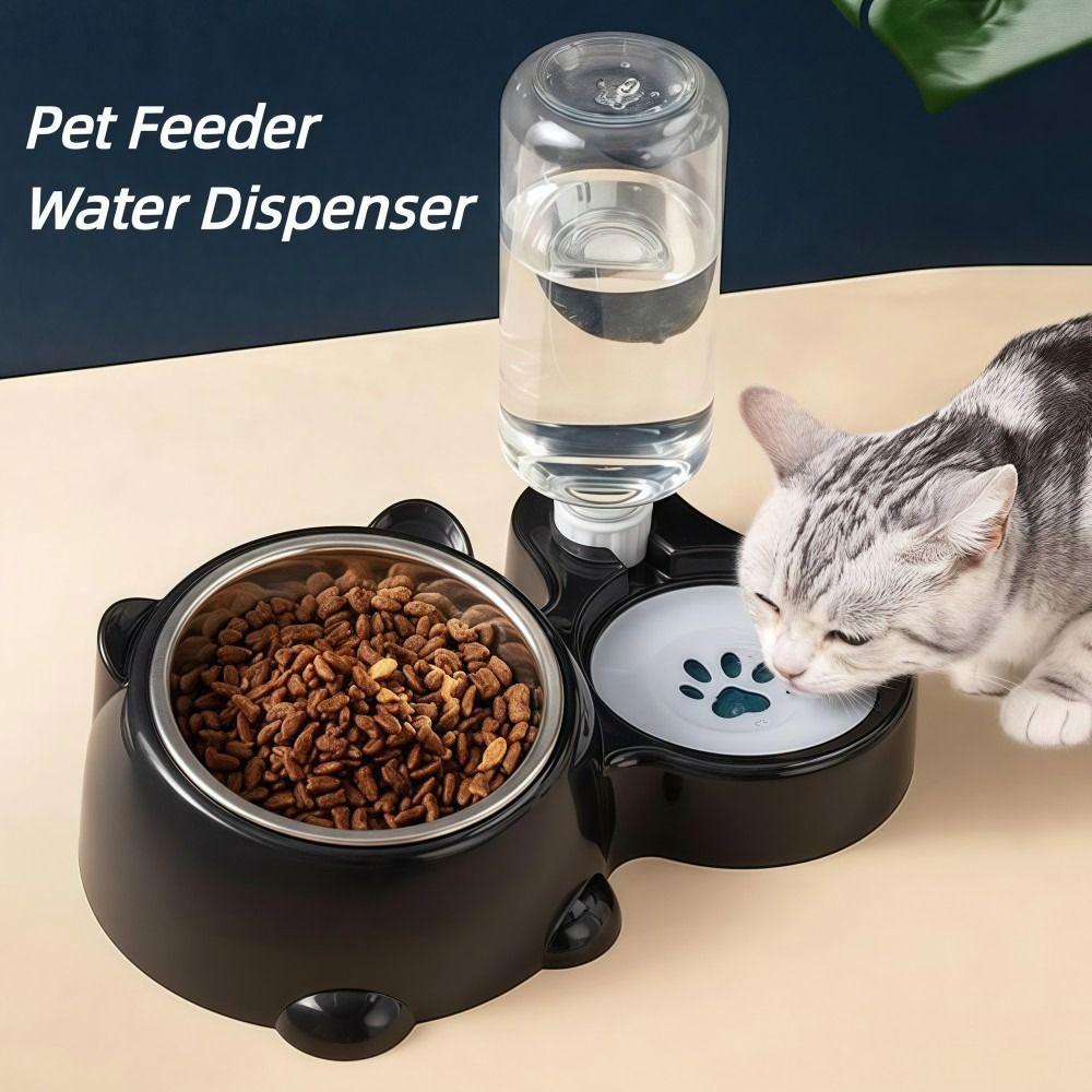Automatic Pet Feeder Water Dispenser Slanted Opening No Power Required Cat Dog Feeders Stainless Steel 2-IN-1 Pet Bowl