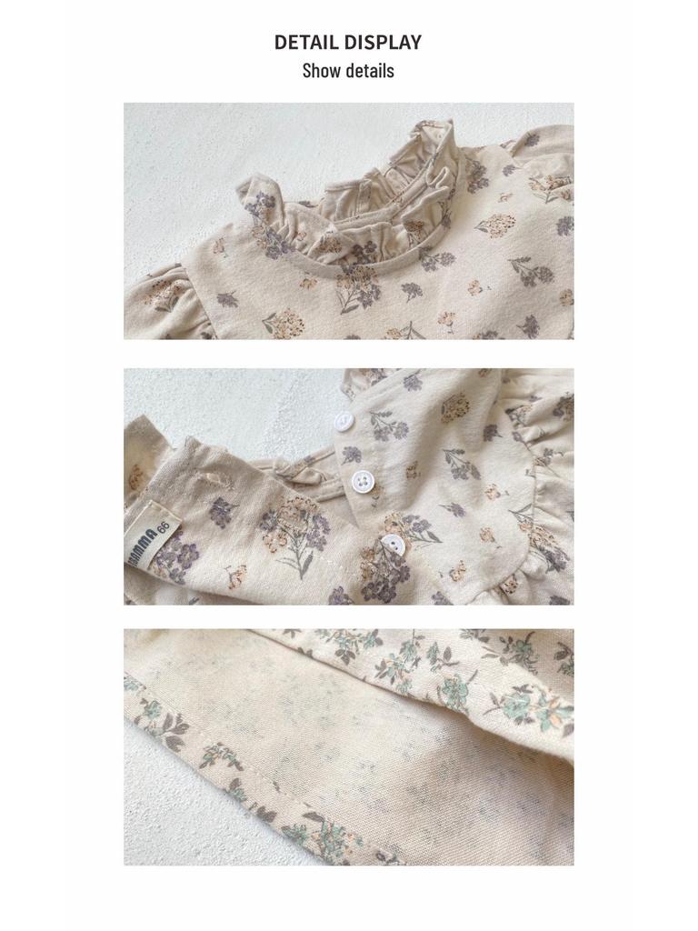 Spring Baby Girl Retro Court Princess Floral Dress with Flower Bud Collar.