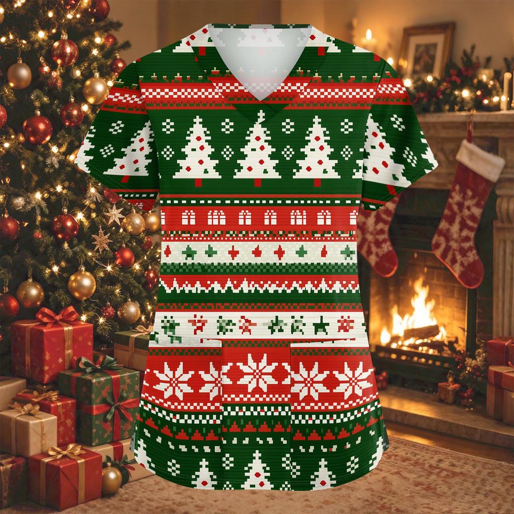 Women's V-Neck Short Sleeve Christmas Print Work Tunic Top with Pockets and Side Slits