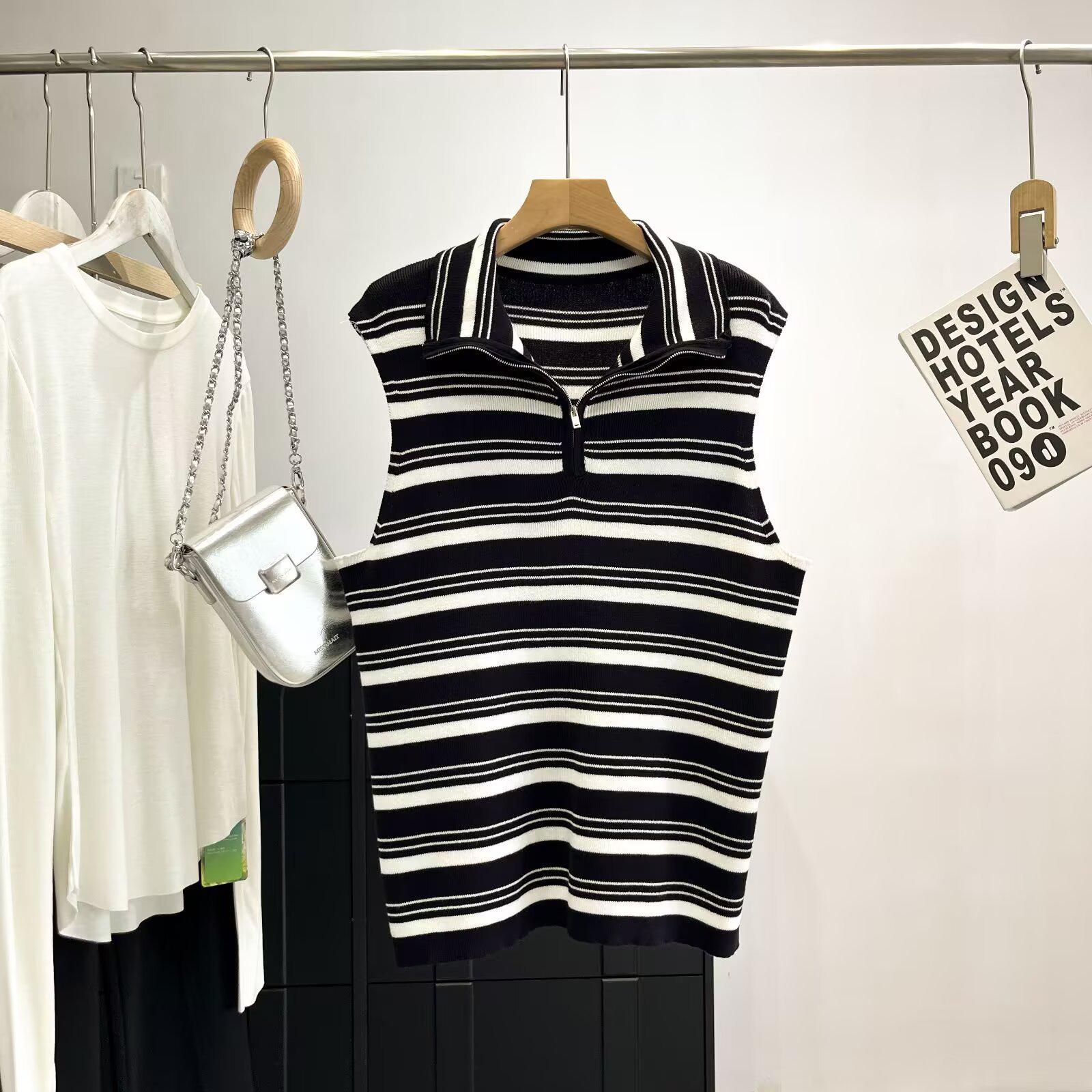 

Летний женский полосатый вязаный жилет на молнии до половины M