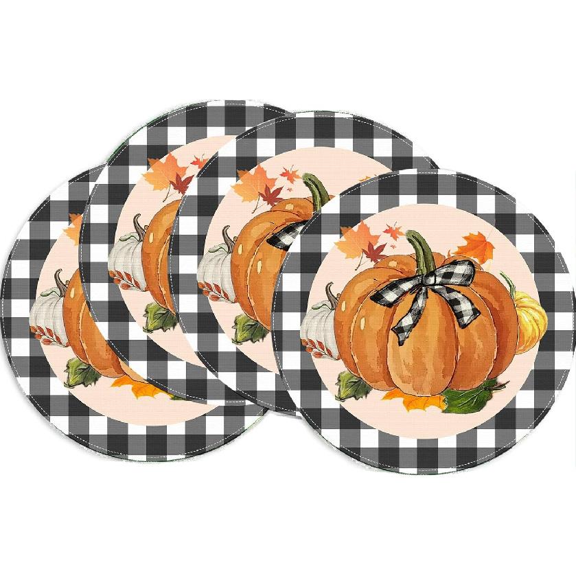 Pumpkin Buffalo Plaid Placemats Halloween Thanksgiving Table Mats Set of 4, 12x18 Inch Fall Autumn Decor for Party Kitchen Dining Decor Maple Leaf