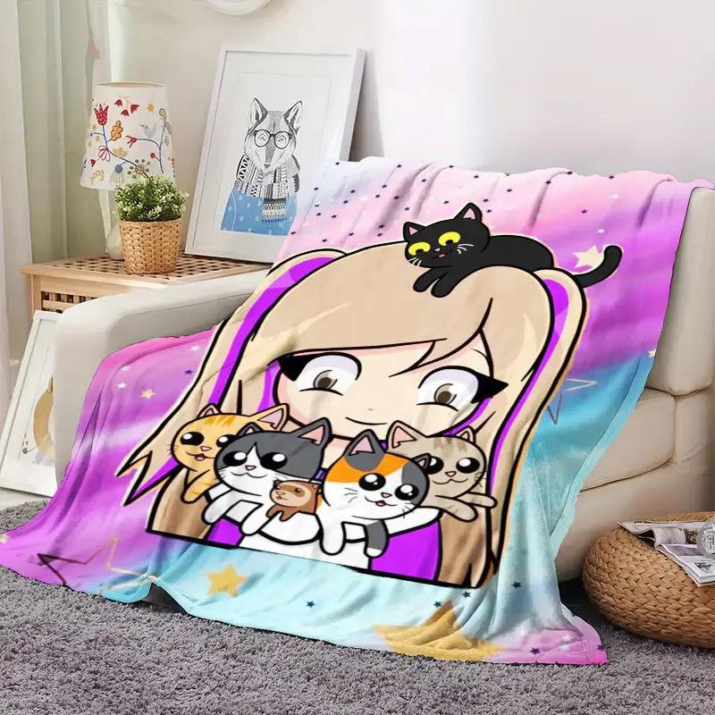 1pc Kawaii Anime Girl with Cats Flannel Throw Blanket, 2D Pastel Star Print, All Season Warm Blanket for Kids Bedroom, Living Ro
