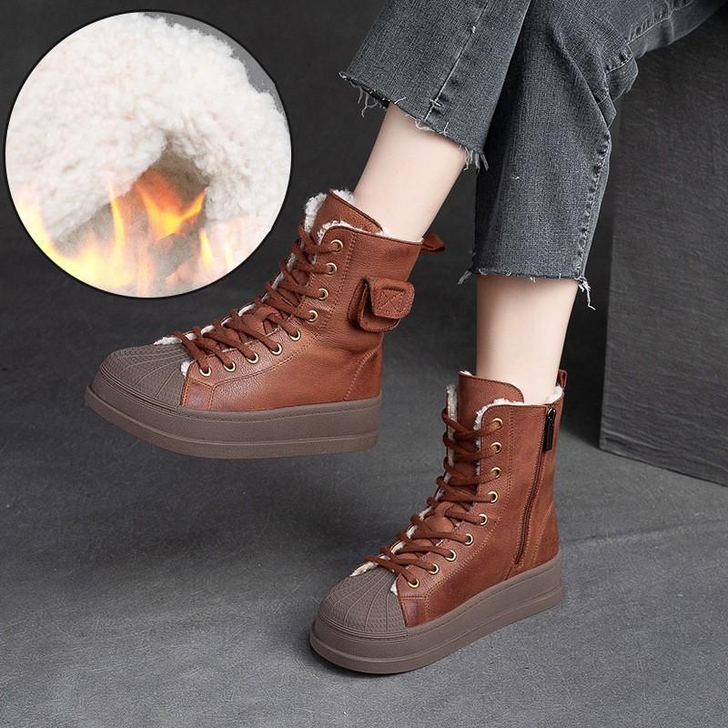 Johnature Winter Plüsch Warme Baumwollstiefel Echtes Leder Runde Zehen Dickbesohlte Kurze Damenstiefel