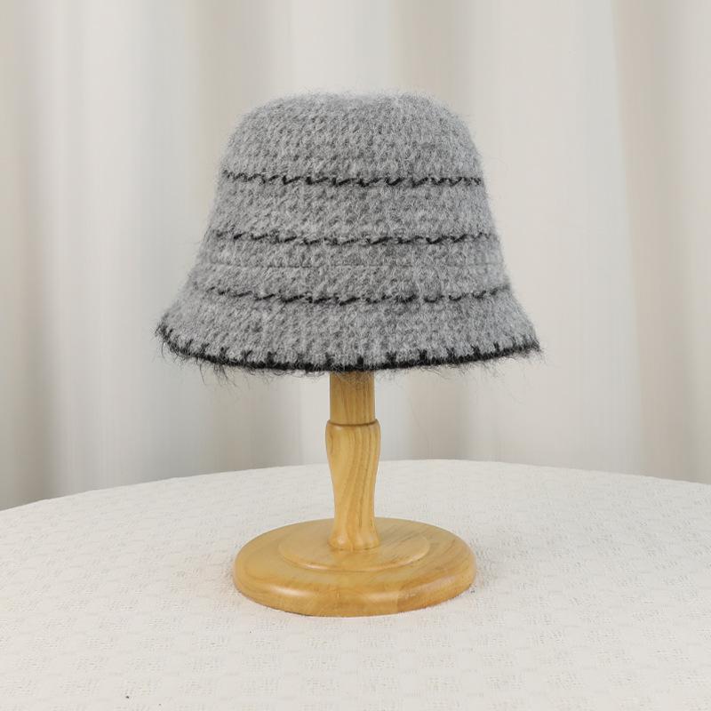 

Winter Plush Warm Ear Protection Knitted Fisherman Hat Women Bucket Cap Big Head Cap сірий