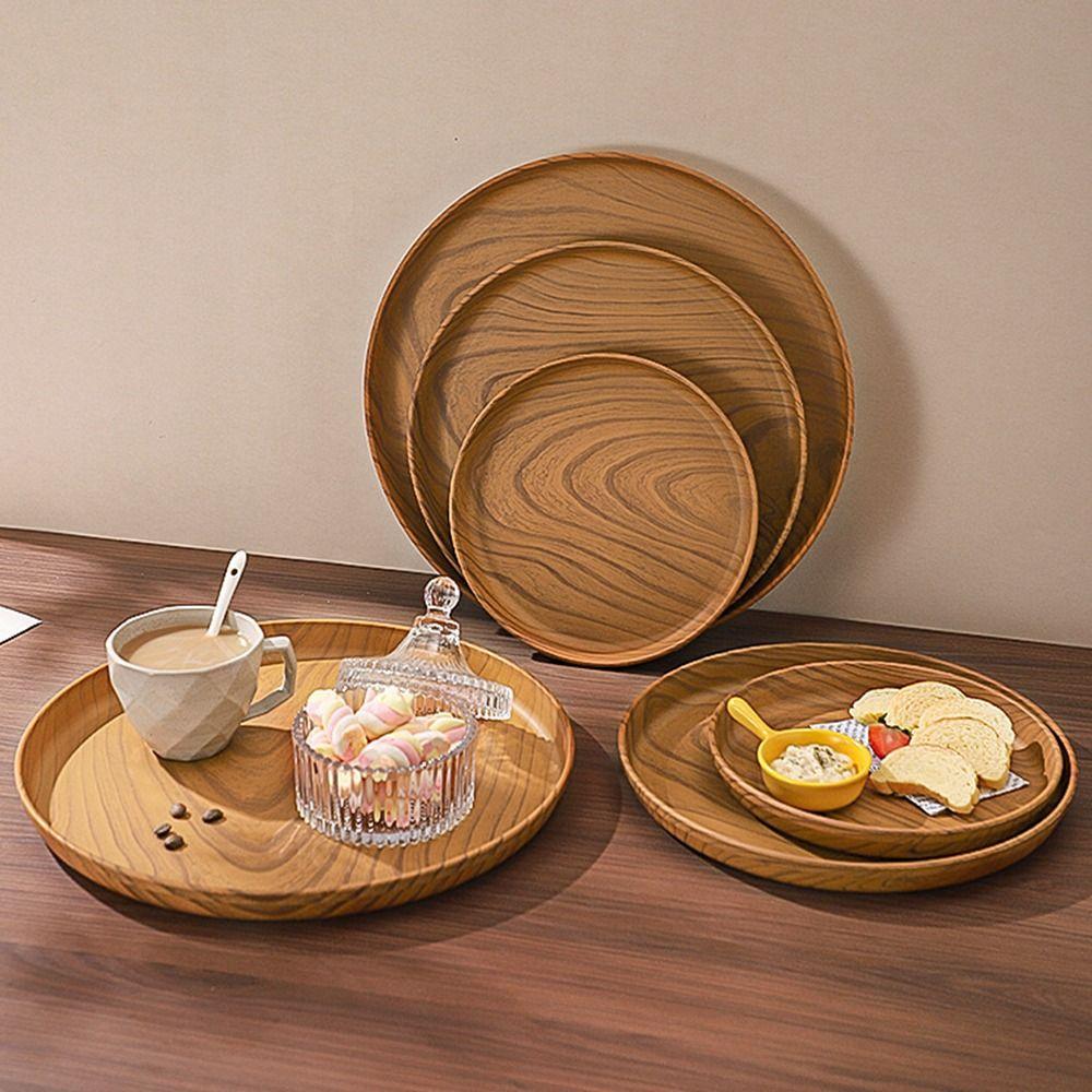 1Pcs Round Water Cup Tray Handmade Dishes Plate Durable Imitation Wooden Tray  Home Use