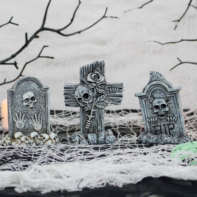 Skeleton Tombstone Ornament Set, Creative Halloween Horror Home Garden Resin Micro-landscape Decoration