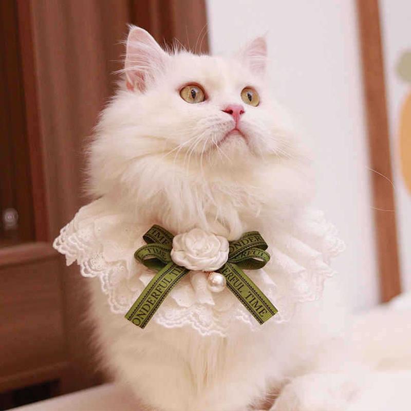Dark Green Bow Knot Pet Cat Necklace Floral Pearl Decorate Bib Neck Collar for Small Medium Dogs Lace Wedding Cats Accessories