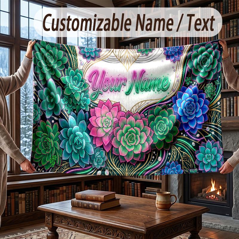 Floral Garden Theme Throw Blanket Custom Name Text Personalized Blanket Soft Cozy Blanket for Home Sofa Bed