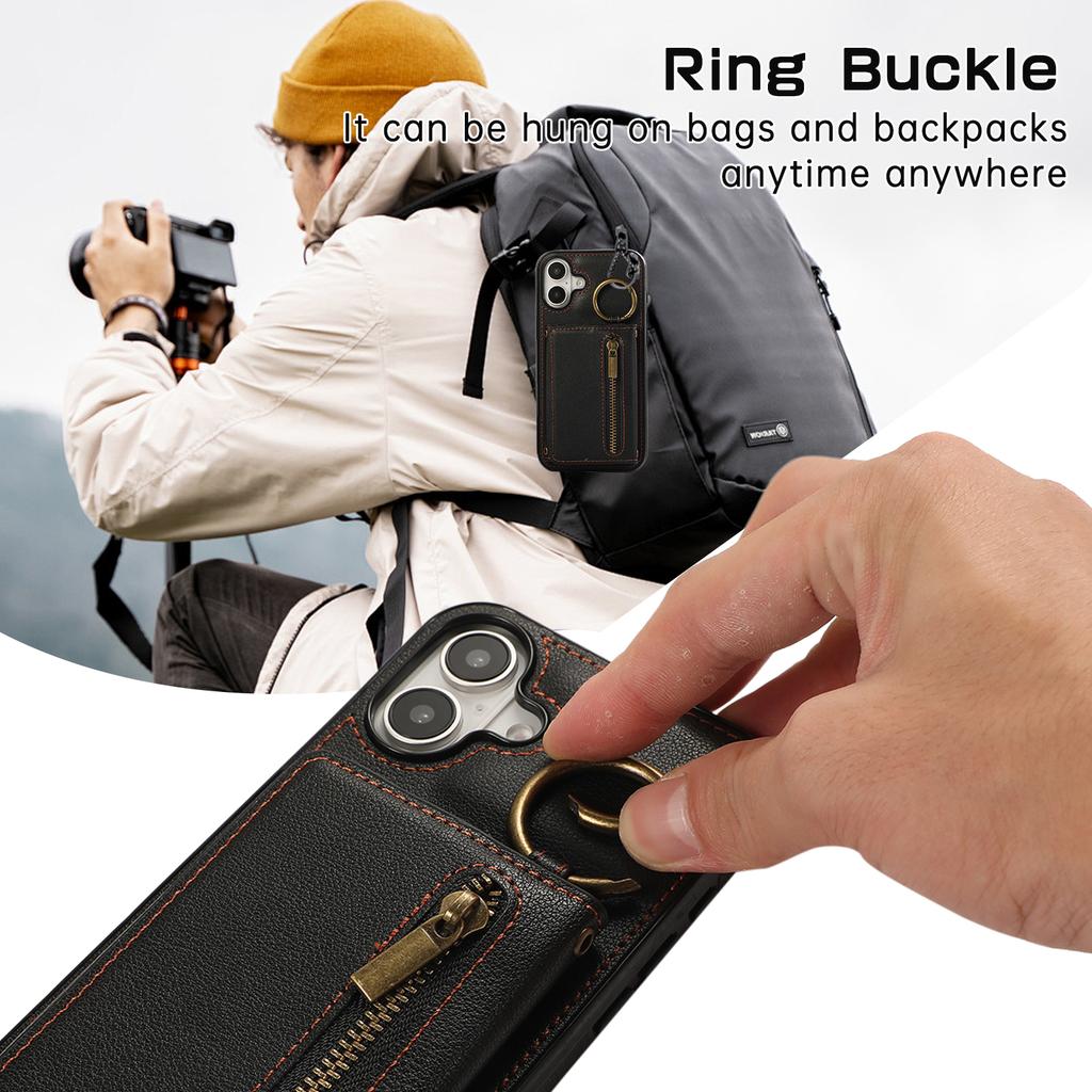 For iPhone 16 Leather Back Cover Zipper Wallet Kickstand Phone Case with Shoulder Strap