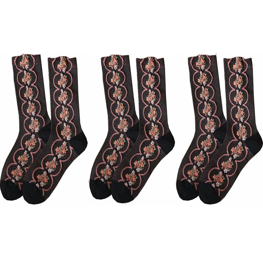 3 Pair Korean Style Women Socks Fashion Flower Printing Autumn Winter Middle Tube Lady Socks Set Soft Comfortable Socks Woman