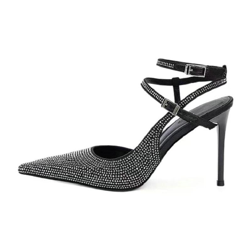 Fashion French Toe Rhinestone High Heels 2025 Spring/Summer New Style Elegant Lady Sandals For Women With Thin Heels And Pointed Tips
