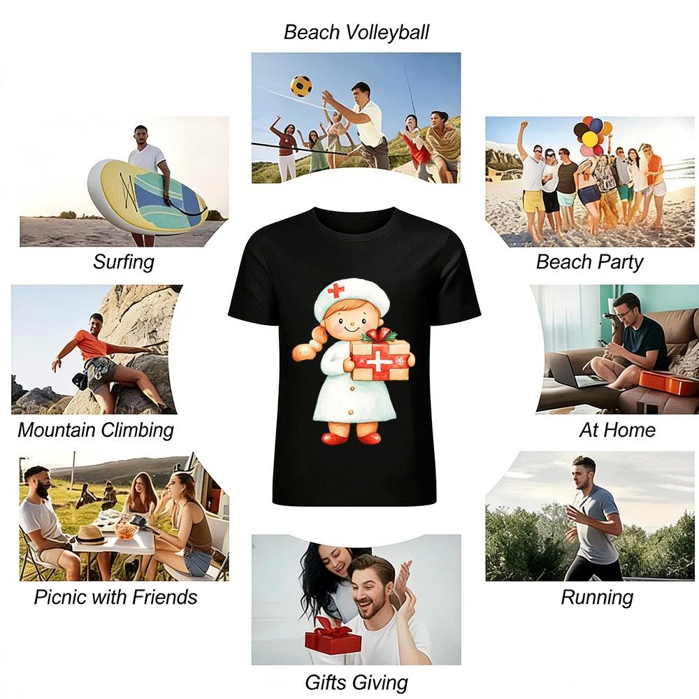 Christmas Nurse Print Casual Top For Adults And Kids Pure cotton T-shirt