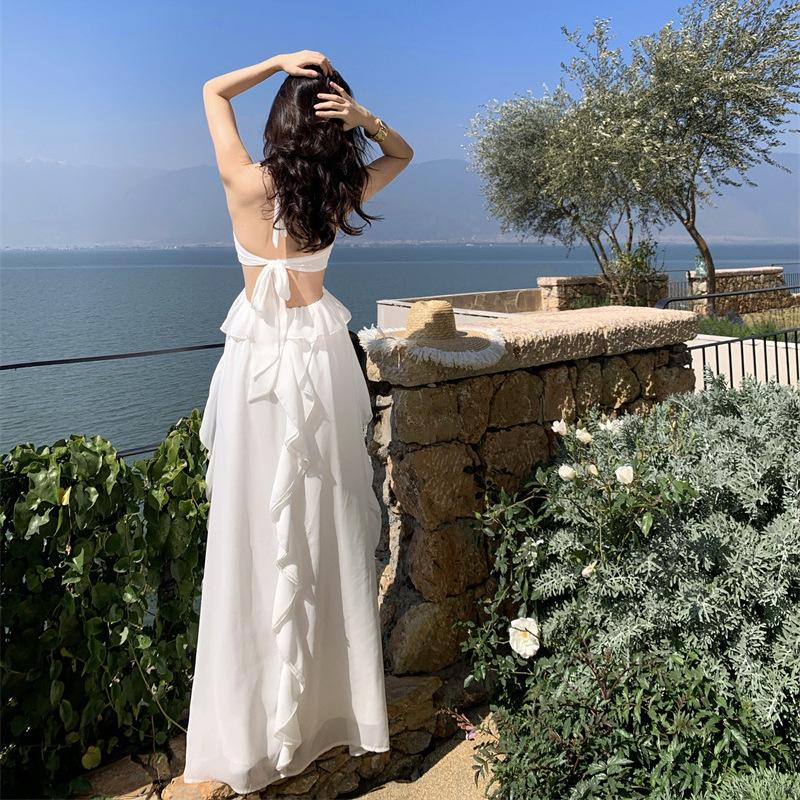 French Stunning Lotus Leaf Edge Chiffon Suspender Dress Summer Fairy Dew Waist Tube Top Holiday Dress Children