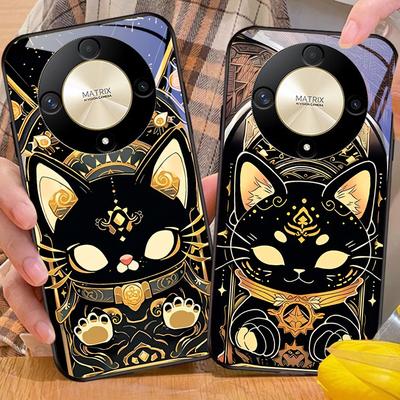 Schwarz Gold Katze Für Honor Magic 6 50 70 90 Lite X7b 200 Pro Nova 10 Nova 5T X6 P30 Pura 70 Ultra Gehärtetes Glas Handyhülle