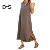 Women's Cotton Linen Maxi Dress Casual V-Neck Sleeveless Loose Tank Dress Summer Beach Long Split Sundress