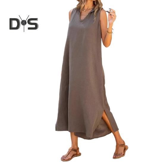 Women's Cotton Linen Maxi Dress Casual V-Neck Sleeveless Loose Tank Dress Summer Beach Long Split Sundress