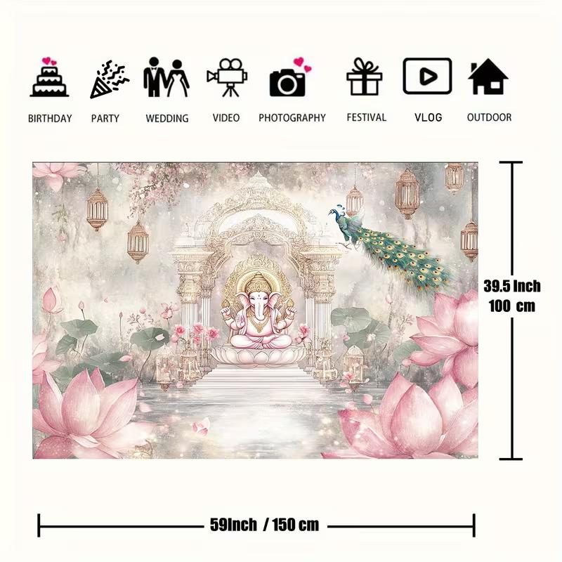 2D Indian Ganesha Backdrop, Traditional Puja Scene Background for Religious Ceremony