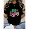 European Size Go Lucky St Patricks Day Graphic Tee | Womens Black Crew Neck T-Shirt with Leopard Print Letters and Pink Bow, Casual Holiday Top