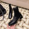 Brown square-headed small short boots for women in the spring and autumn of 2025, new French thick-heeled medium-heeled single boots, elastic and thin