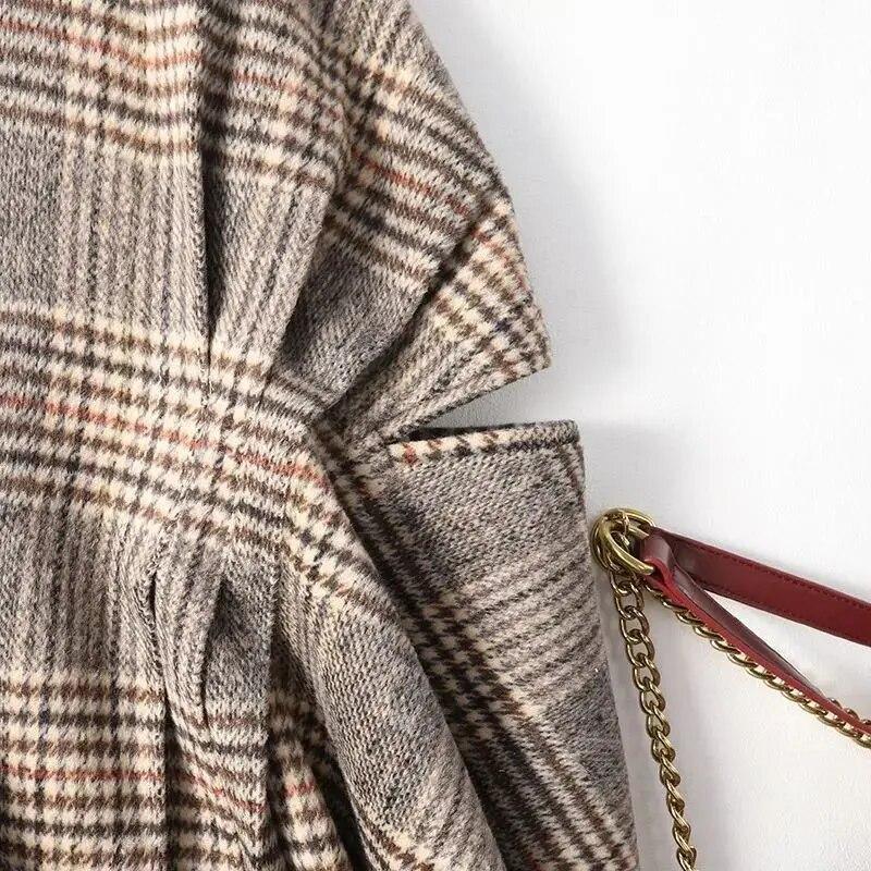 Korean Fashion Design Sense Cloak Plaid Irregular Woolen Coat Women Spring and Autumn New V Neck Top Shawl Cardigan Female