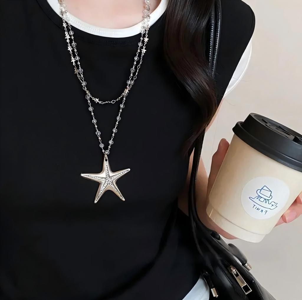 Minimalist Star Double Silver Starfish Beaded Necklace Long Sweet And Cool Spice Girl Style Accessories Women