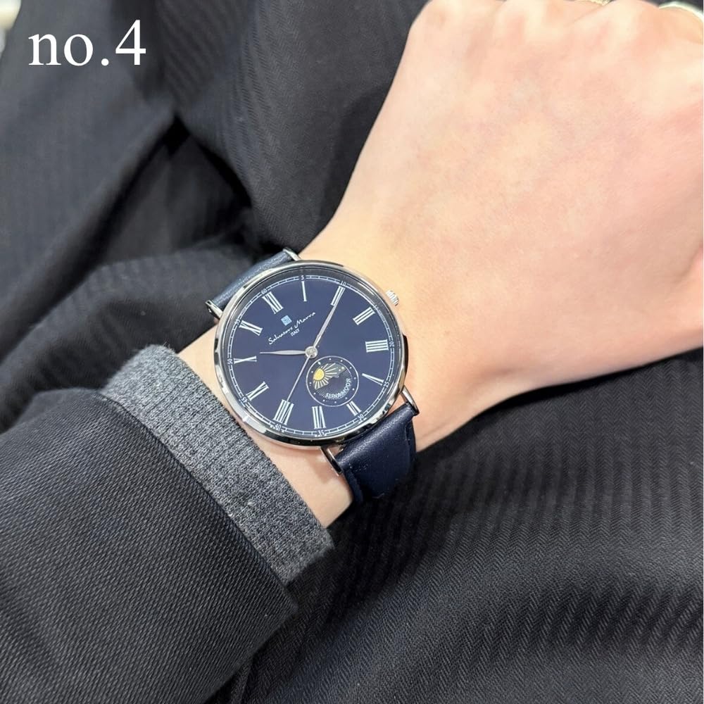 Salvatore Marra Sun and Moon Slim Quartz Leather Belt Men's Watch No.4 Navy