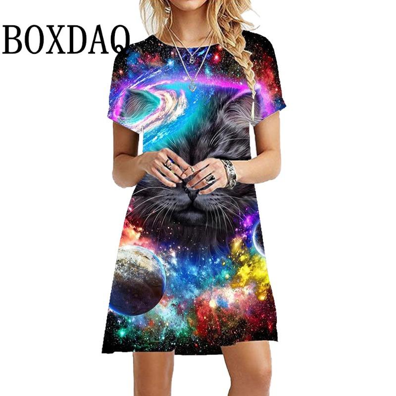 Oversized Short Sleeve Dress Summer O-Neck Women'S Dress Loose Kawaii Painting Cat Print Dress Harajuku Streetwear Hip Hop Dress