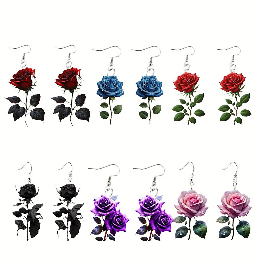 Fashion Acrylic 2D Flat Rose Earrings Romantic 2D Flat Rose Forest Flower Earrings Retro Art Style Earrings Jewelry Gifts