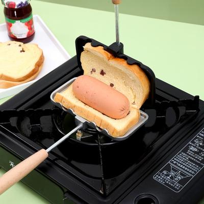 Outdoor-Camping-Sandwichpfanne mit langem Holzgriff, Einzelkuchenpfanne aus Aluminiumlegierung, zum Kochen, tragbares Lagerfeuer, Sandwichmaker, Camping-Kochgeschirr, Lagerfeuer