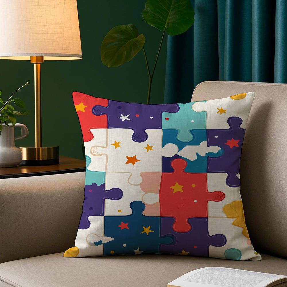 Cute Jigsaw Puzzle Pillow Case Plush Fabric Soft Pillowcase Double Sided Print Sofa Cushion Cover Throw