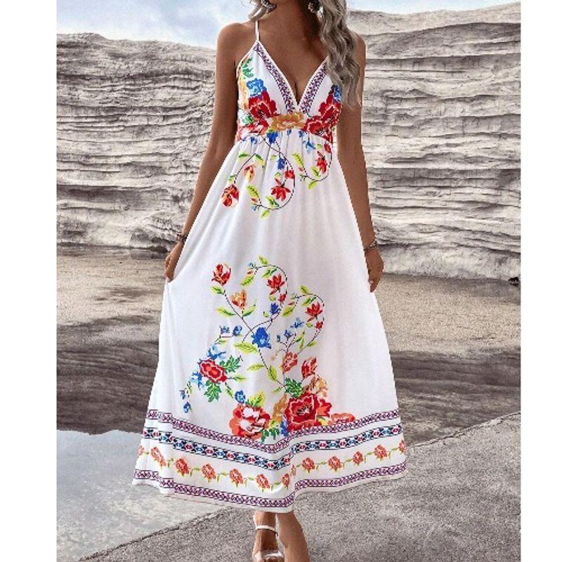 

Sanya Holiday Style European and American Summer New Deep V-neck Sexy Sexy Backless Print Mid-Length Sling Dress White background safflower positioning flower S