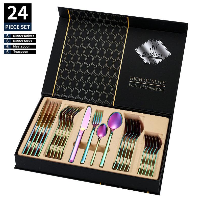 Stainless steel tableware, Knight series set, 24 piece Western style steak knife, fork, spoon set, gift box light luxury