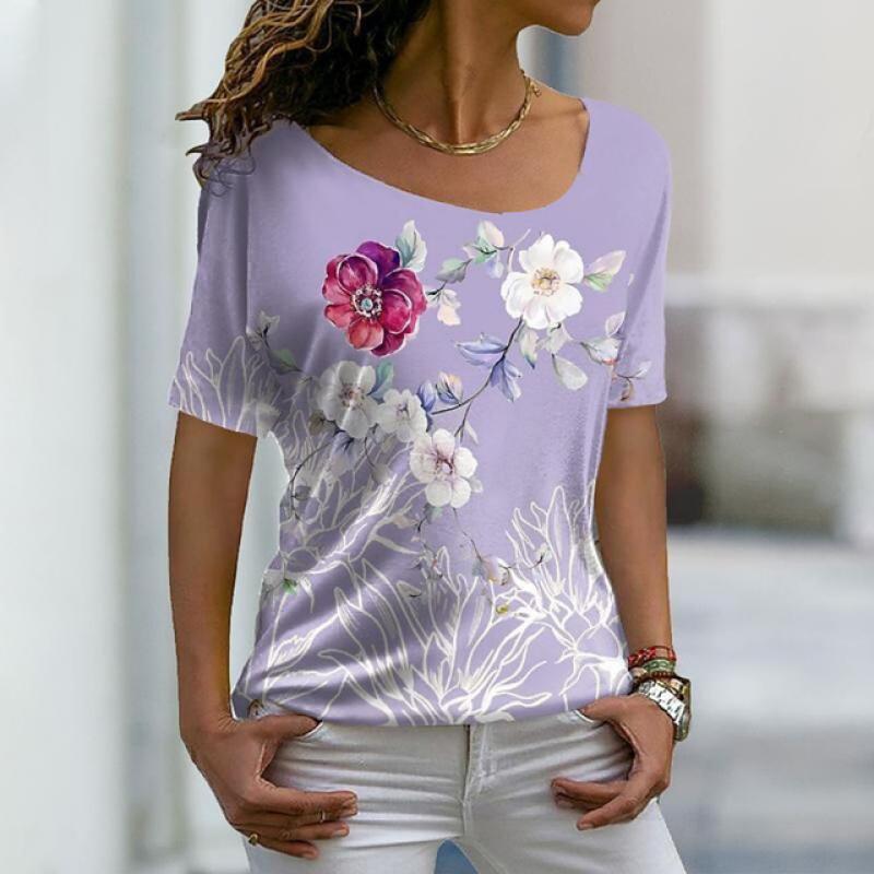Summer Women T Shirt Casual Fashion T-shirt Female Color Flower Print Short Sleeve Top Vintage Oversized Tees Kawaii Clothes New