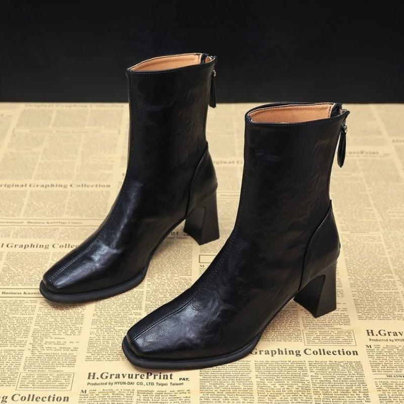 New Autumn Winter Square Toe Ankle Boots Women Thick High Heels Shoes Fashion Banquet Party Short Botas Mujer