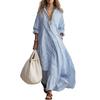 2026 European and American Vertical Striped Lapel Shirt-style Dress, Loose Shoulder Long-sleeved Lotus Leaf Pendulum Super Long Shirt Skirt
