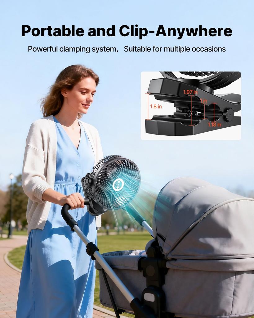Portable Clip Fan, Rechargeable Clip On Fan with Light, USB Port with 3 Speeds & Circulation Mode, Strong Airflow Sturdy Clamp, Long Runtime for Desk,