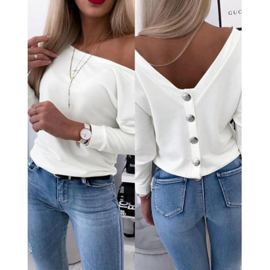 2024 Women's Solid Color One-Shoulder Open Back Long Sleeve Top with Metal Buckle