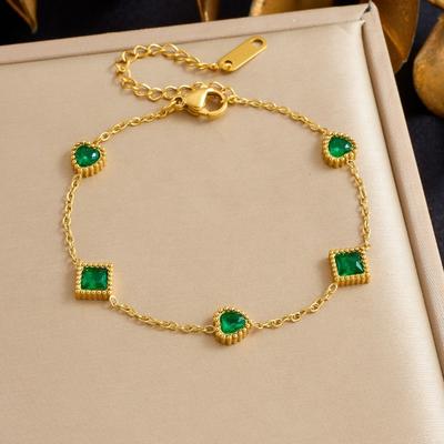 18K Gold Plated Emerald Green Gemstone Bracelet, Square Teardrop Zircon Link Chain for Women, Elegant Jewelry