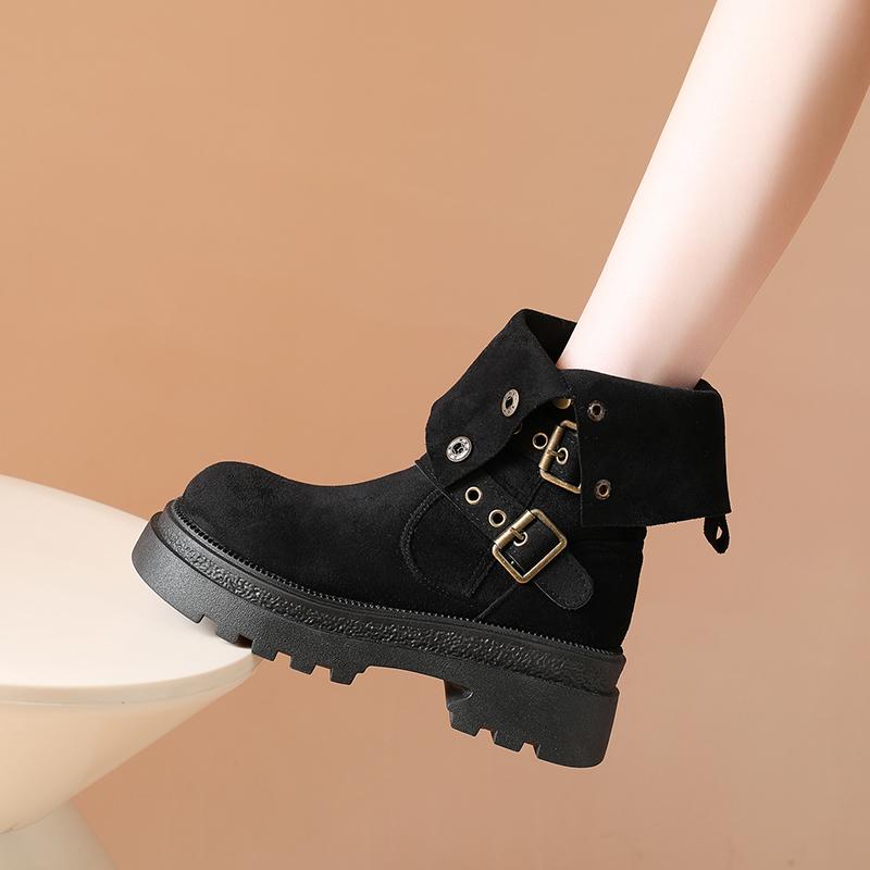 Modne Uniwersalne Dwuczęściowe Skórzane Buty na Platformie Podwyższające, Retro Sznurowane Buty Kowbojskie z Klamrą, Krótkie Buty Motocyklowe