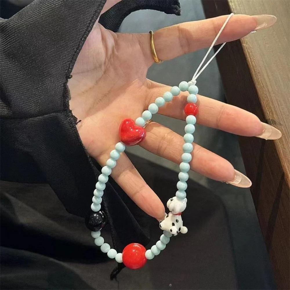 

INS корейский милый точечный собачий сердечко для телефона с бусинами подвеска для iPhone 16 Samsung аксессуары цепочка шнурок для девочки подвесная веревка