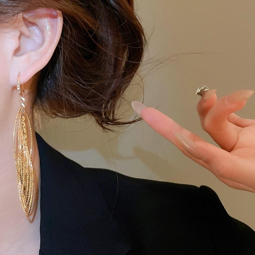 Gold Silver Metal Hollow Earrings Oval Hollow Ear Clip Long Tassel Dangle Earrings  Party