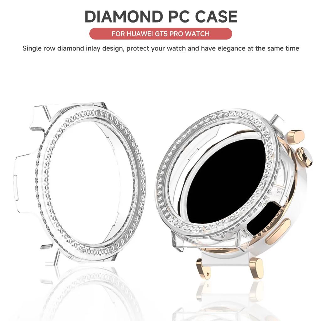 Bling PC Průhledné pouzdro pro Huawei Watch GT 5 4 41mm /5 Pro 42mm Kryt Kůže Samrt Pásek Diamantový Křišťálový Nárazník Ochranný GT5 GT4