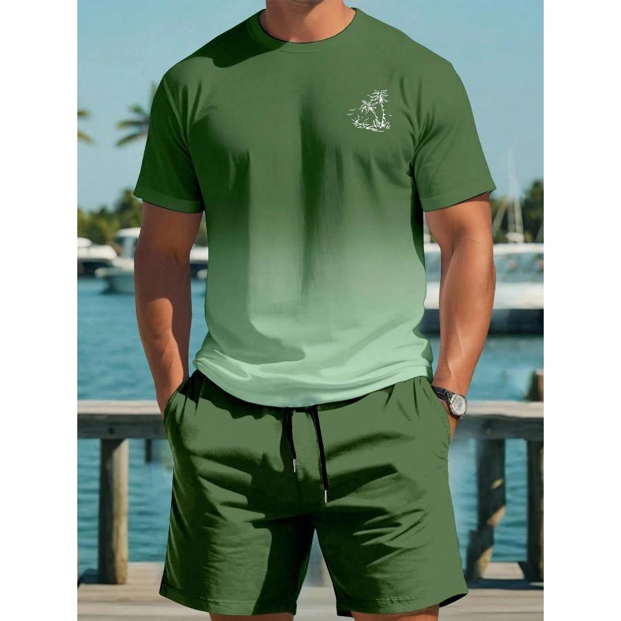Farbverlauf Kurzarm-T-Shirt und Shorts Set Mode Hawaiianischer Urlaub T-Shirt Shorts mit Kordelzug 2-teiliges Set Herrenbekleidung
