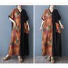 Women's Color Patchwork Black Long Dress Retro Robe