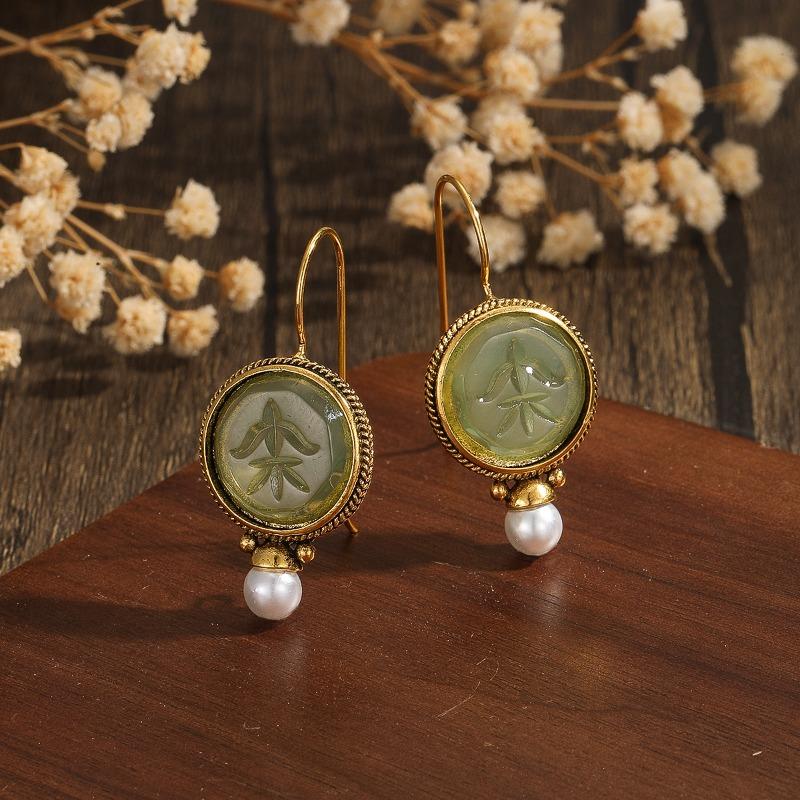 Delicate Gold Color Round Green Stone Earrings Carving Dangle Earrings for Women Jewelry