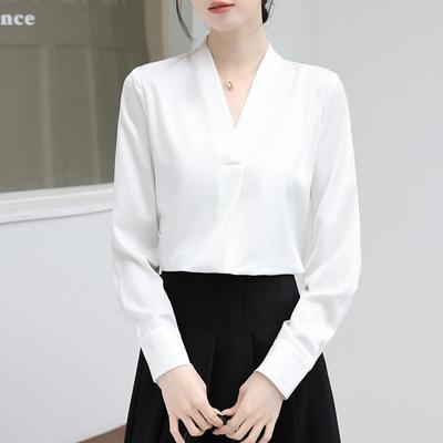 Camicetta da Donna a Maniche Lunghe con Scollo a V in Seta di Gelso Pesante - Top Chic, Snellente, di Alta Gamma in Stile Francese