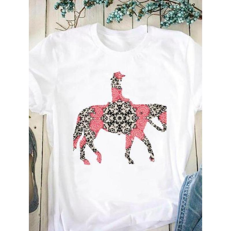 Horse Pattern Printed Women's Pure Cotton Short Sleeved Round Neck White T-Shirts Women’s