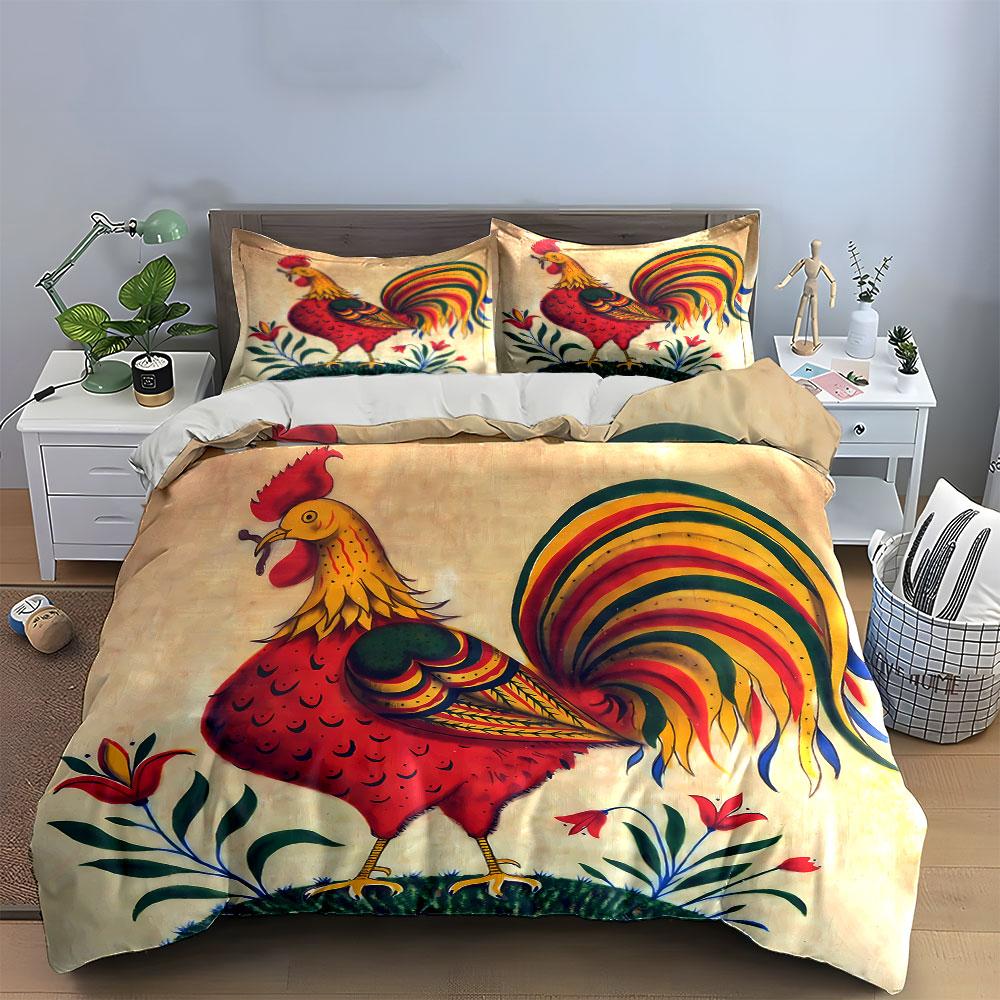 Colorful rooster with flowers. Bedding sets Duvet cover sets Duvet covers Pillowcases(1* Duvet Cover 2* Pillowcases without duvet insert)