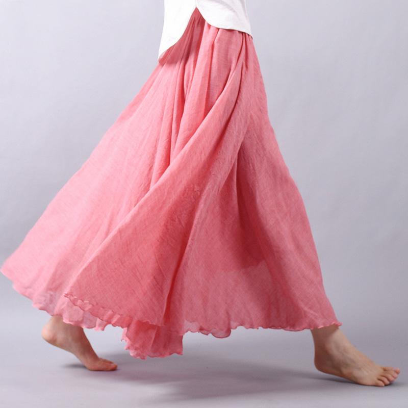Women's Elegant High Waist Linen Maxi Skirt Summer Ladies Casual Elastic Waist 2 Layers Skirts Saia Feminina