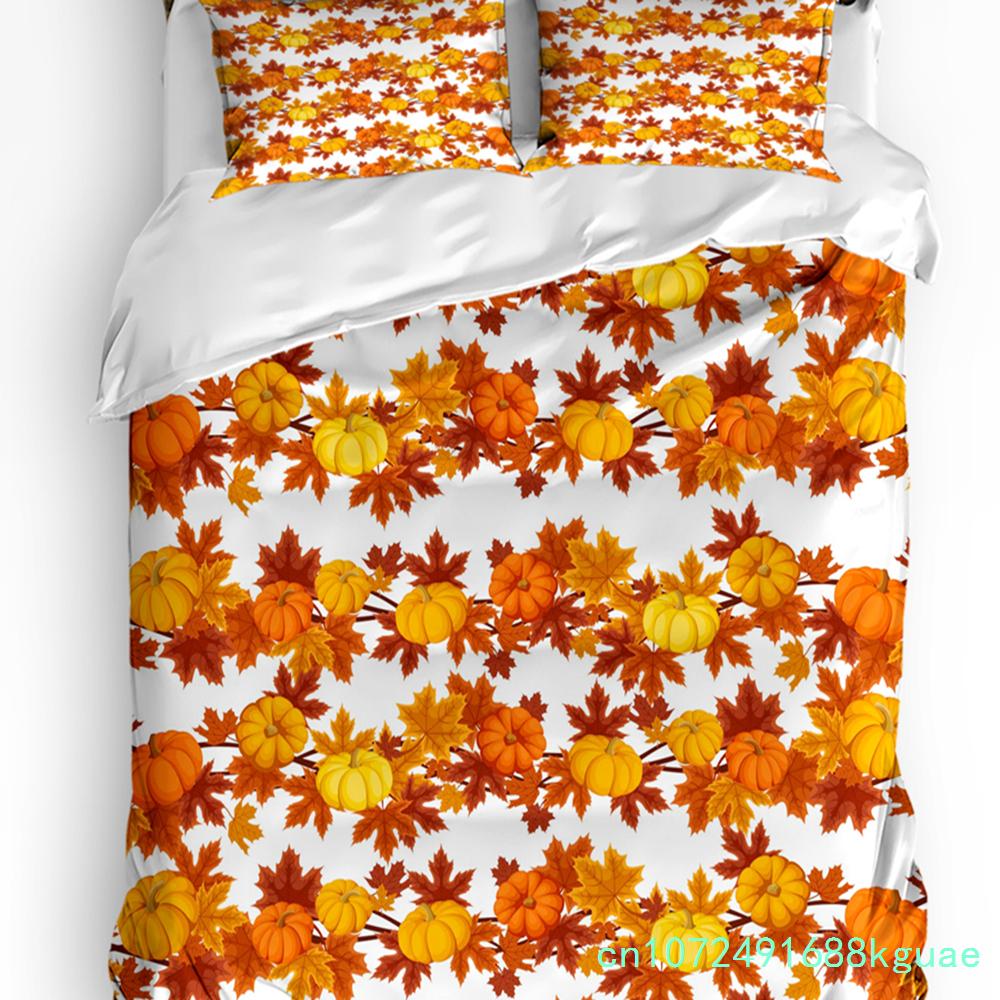 Thanksgiving Autumn Pumpkin Leaves 3pcs Bedding Set For Bedroom Double Bed Home Textile Duvet Cover Quilt Cover Pillowcase